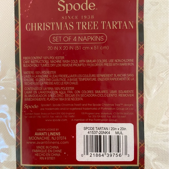 SPODE - CHRISTMAS TREE TARTAN Plaid - Set of 4 - 20x20 CLOTH NAPKINS - NEW - Picture 3 of 5